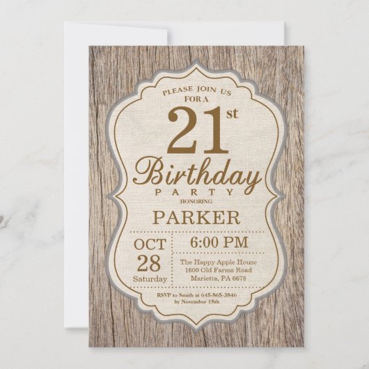 木製の21歳誕生日招待状（ラスティックスタイル） 招待状 (正面)