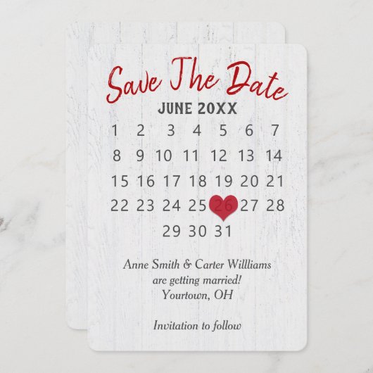 木製の「Save the Date」ウェディングカレンダー 招待状 (正面/裏面)