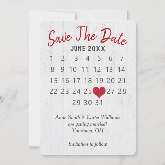 木製の「Save the Date」ウェディングカレンダー 招待状 (正面)