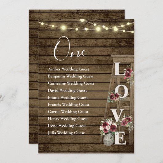 木製はしごバーガンディフローラテーブル1シーティングカード (正面/裏面)