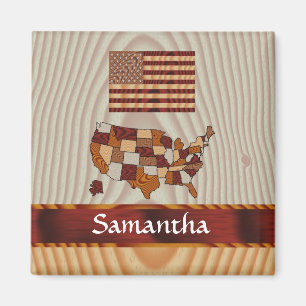 木製アメリカ国旗と地図 マグネット