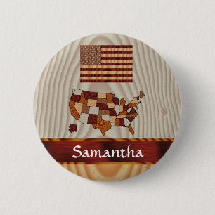 木製アメリカ国旗と地図 缶バッジ