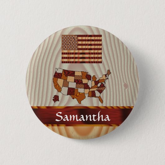木製アメリカ国旗と地図 缶バッジ (正面)