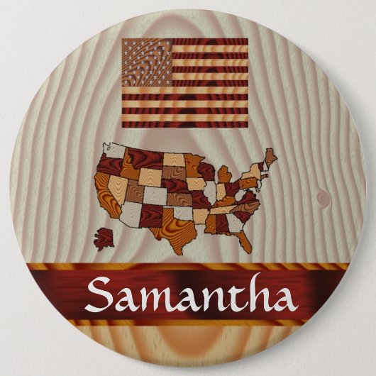 木製アメリカ国旗と地図 缶バッジ (正面)