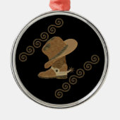 木製インレーのカウボーイブーツと帽子 メタルオーナメント (正面)