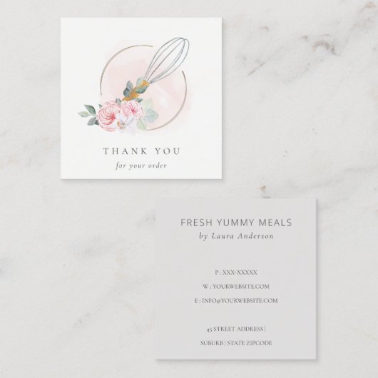 木製ウィスク赤面ウォーターカラーフローラシェフサンキュー スクエア名刺 (正面/裏面)