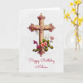 木製エレガント十字形ピンクの花誕生日 カード (黄色い花)