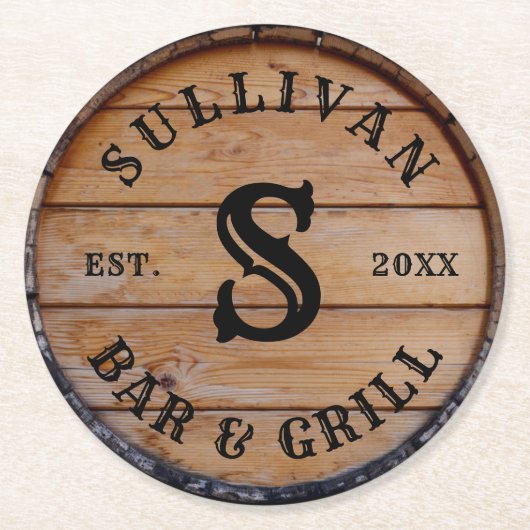 木製オリジナルファミリー名イニシャルモノグラム ラウンドペーパーコースター (正面)