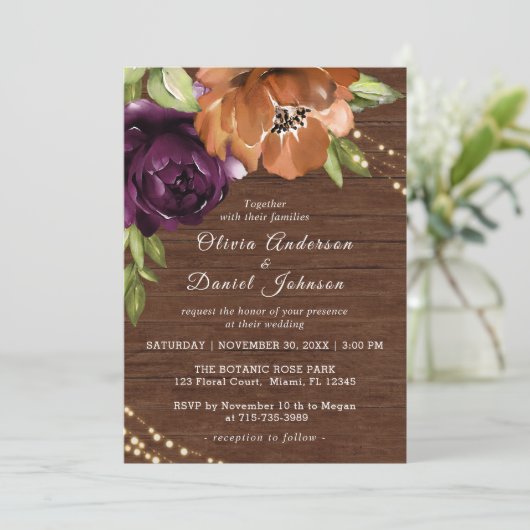木製オ素朴レンジ、紫結婚式招待状 招待状 (スタンド正面)