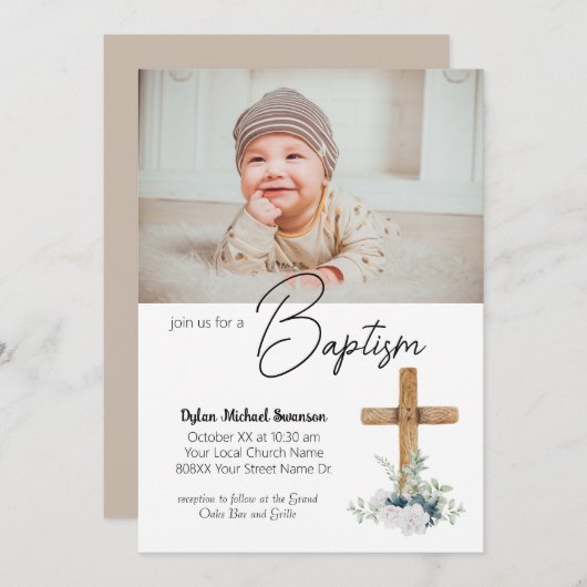 木製クロスとカスタム男の赤ちゃんバプテスマ 招待状 (正面/裏面)