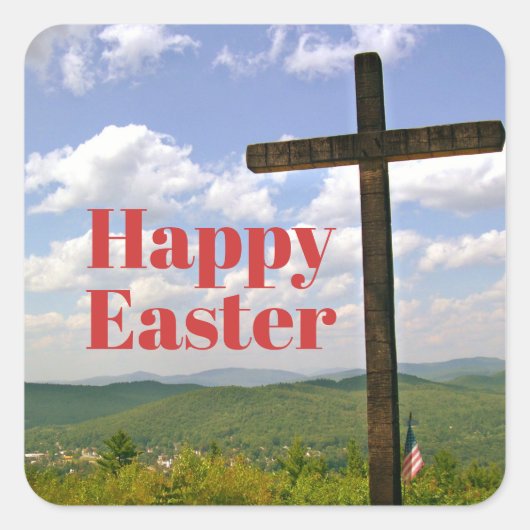 木製クロスハッピーイースター彼はクリスチャンに住んでいる スクエアシール (正面)