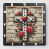 木製クロスハートレッドローズ スクエア壁時計 (正面)