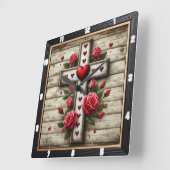 木製クロスハートレッドローズ スクエア壁時計 (傾斜)