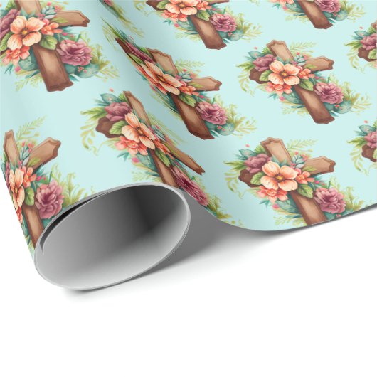 木製クロスフラワー宗教的キリスト教復活祭 ラッピングペーパー (ロールコーナー)