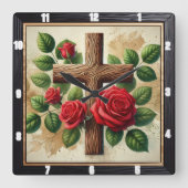 木製クロス赤バラ スクエア壁時計 (正面)