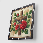 木製クロス赤バラ スクエア壁時計 (傾斜)