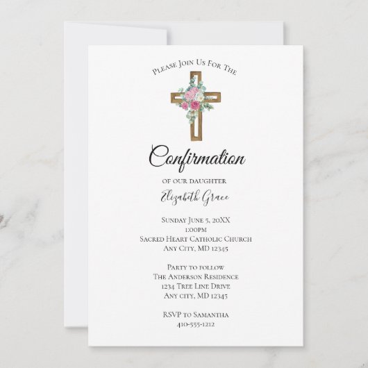 木製クロス 花 コンファメーション 招待状 (正面)