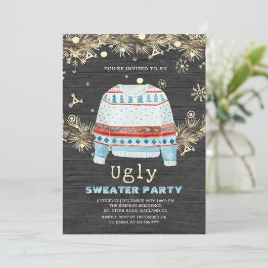 木製ゴールデン醜いセータークリスマス招待状 招待状 (スタンド正面)