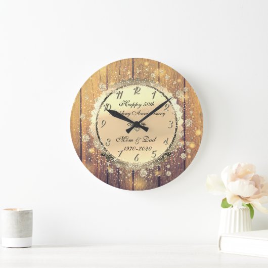 木製ゴールドのコンフェッティ 50周年記念 ラージ壁時計 (ホーム)