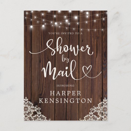 木製ストリングライトレースブライダルシャワーバイメール インビテーションポストカード (正面)