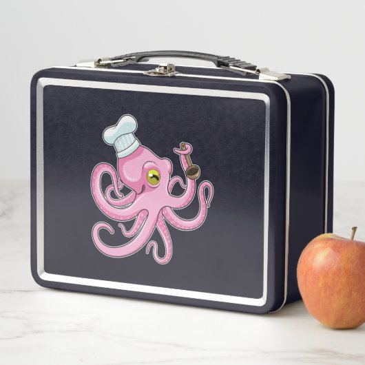 木製スプーンと調理師としてのタコ メタルランチボックス (インサイチュ)