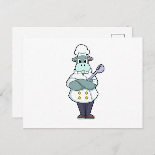 木製スプーン&料理エプロンと調理師としてのヒッポ ポストカード (正面/裏面)