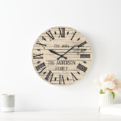木製ダメージ風ファミリー名ローマ数字 ラージ壁時計 (ホーム)