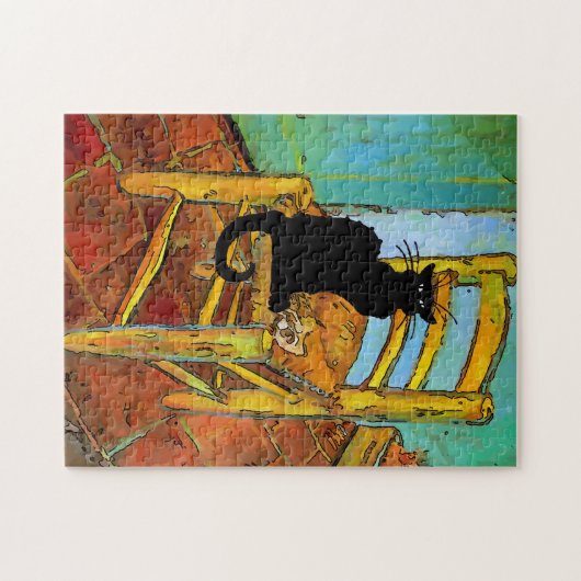 木製チェアの黒猫 ジグソーパズル (横)