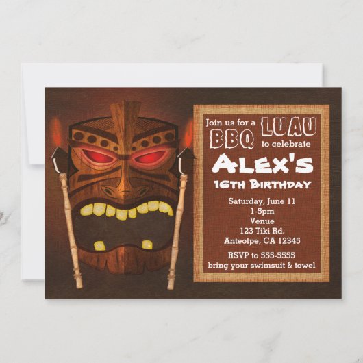 木製ティキマスクヴィンテージレトロルアウ(ハワイ式宴会)サマーパーティー 招待状 (裏面)