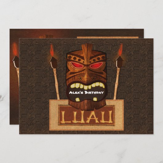木製ティキマスクヴィンテージレトロルアウ(ハワイ式宴会)サマーパーティー 招待状 (正面/裏面)