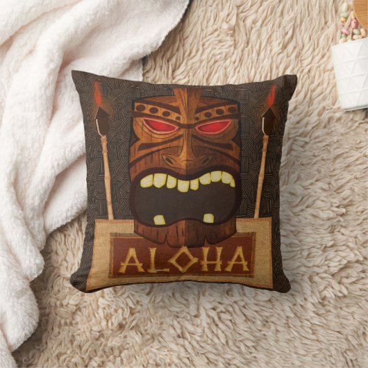 木製ティキマスクヴィンテージレトロルアウ（ハワイ式宴会）夏 クッション (ブランケット)