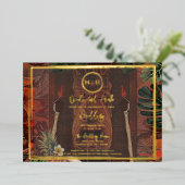 木製ティキヴィンテージハワイアン結婚金ゴールド 箔招待状 (立ち正面)