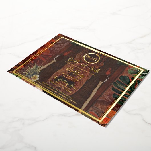 木製ティキヴィンテージ結婚ハワイアンの写真 箔招待状 (回転した状態)