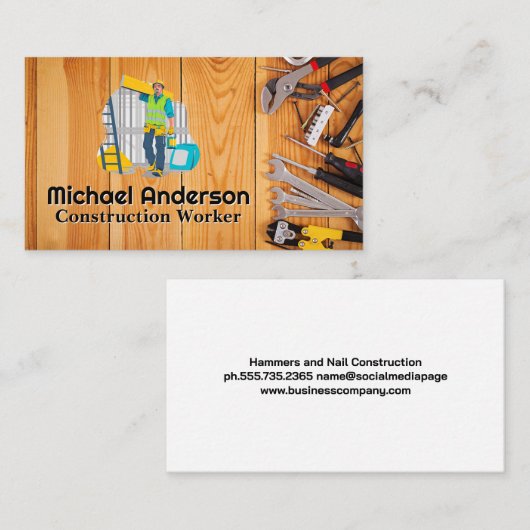 木製テーブルのハンドツール | 建築作業者 名刺 (正面/裏面)