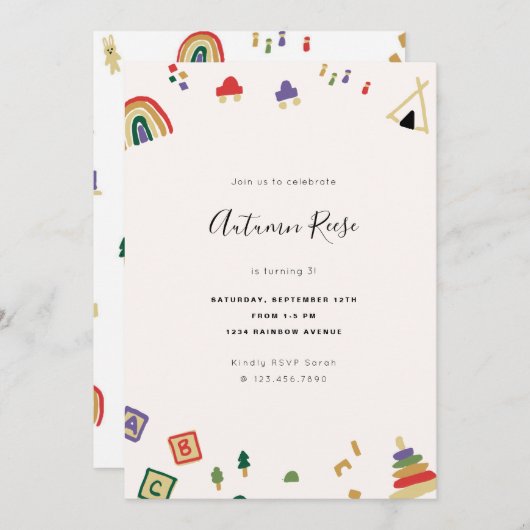 木製トイズ子供の誕生日 招待状 (正面/裏面)