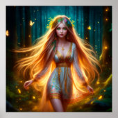 木製ニンフ妖精の女の子金ゴールド明るい森フローラ ポスター (正面)