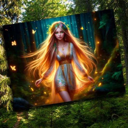 木製ニンフ妖精の女の子金ゴールド明るい森フローラ ポストカード