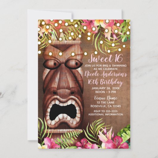 木製ハワイアンティキルアウ(ハワイ式宴会)サマースウィート16パーティー 招待状 (正面)