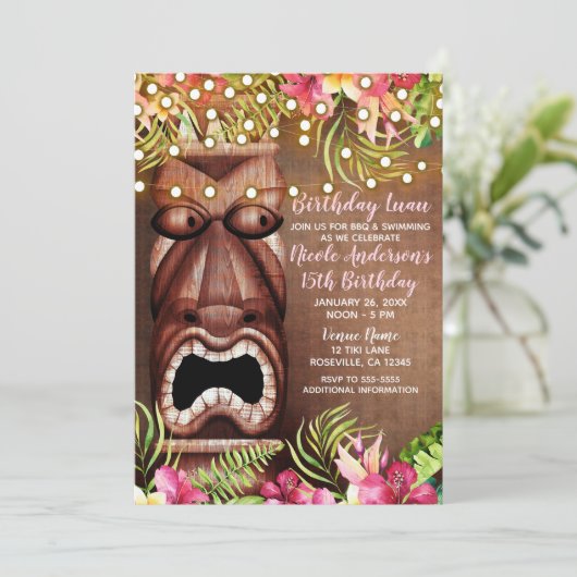 木製ハワイアンティキルアウ(ハワイ式宴会)サマーバースデーパーティー 招待状 (スタンド正面)