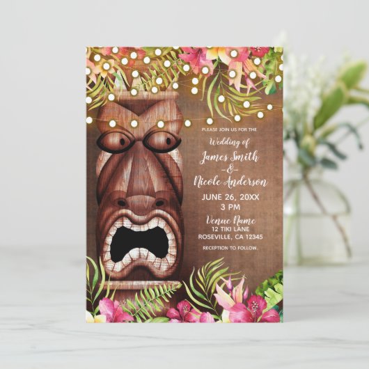 木製ハワイアンティキルアウ（ハワイ式宴会）サマービーチ結婚式 招待状 (スタンド正面)