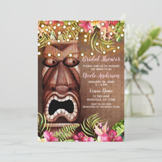 木製ハワイアンティキルアウ（ハワイ式宴会）サマーブライダルシャワー 招待状 (スタンド正面)