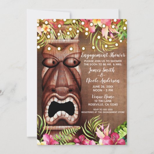 木製ハワイアンティキルアウ(ハワイ式宴会)サマー婚約シャワー 招待状 (正面)