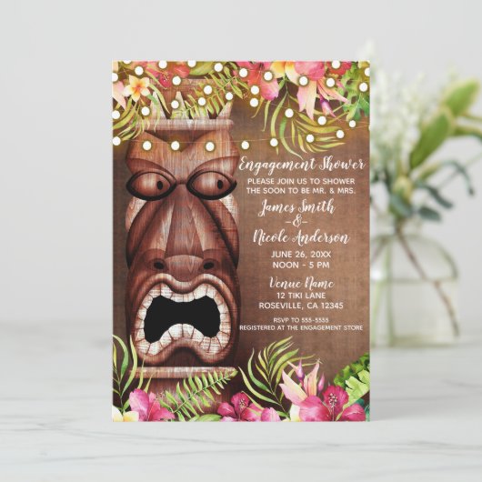 木製ハワイアンティキルアウ(ハワイ式宴会)サマー婚約シャワー 招待状 (スタンド正面)
