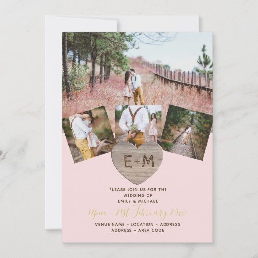 木製ハートの写真コラージュ 招待状 (正面)