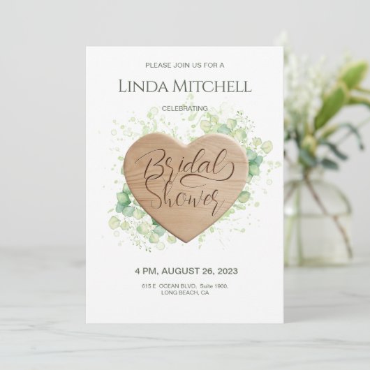 木製ハートユーカリ素朴ブライダルシャワー 招待状 (スタンド正面)
