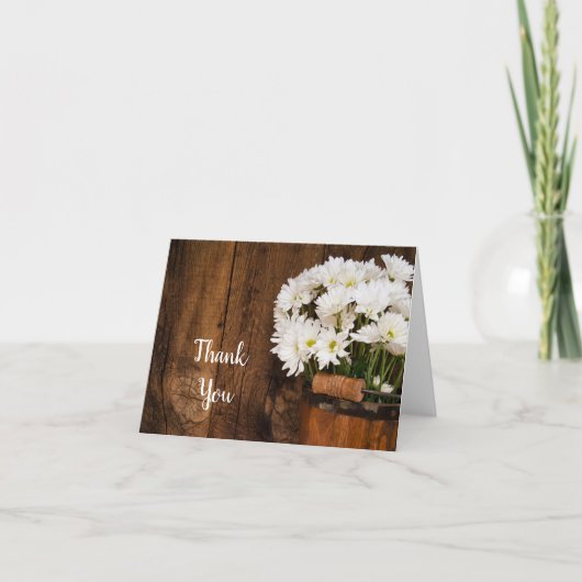 木製バケットと白デイジー国ありがとう サンキューカード (正面)