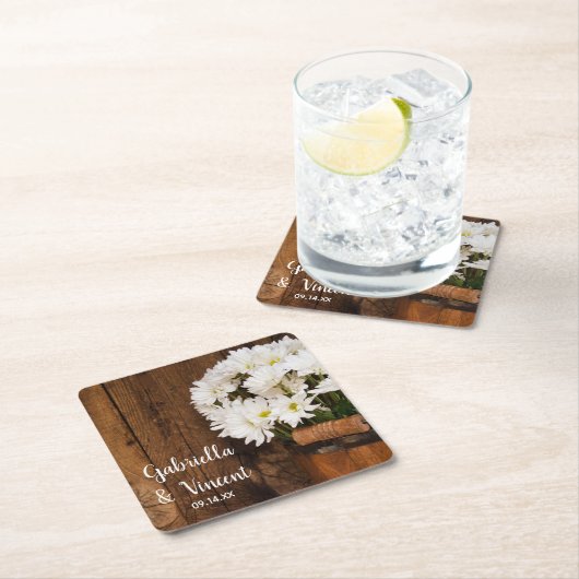 木製バケットホワイトデイジーカントリーバ結婚ンズ スクエアペーパーコースター (インサイチュ)