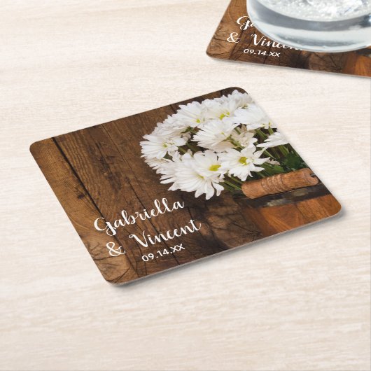 木製バケットホワイトデイジーカントリーバ結婚ンズ スクエアペーパーコースター (アングル)