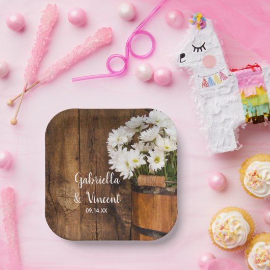 木製バケットホワイトデイジーカントリーバ結婚ンズ ペーパープレート (パーティー)