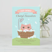 木製バスタブにピンクの女の子フクロウ招待状 招待状 (スタンド正面)